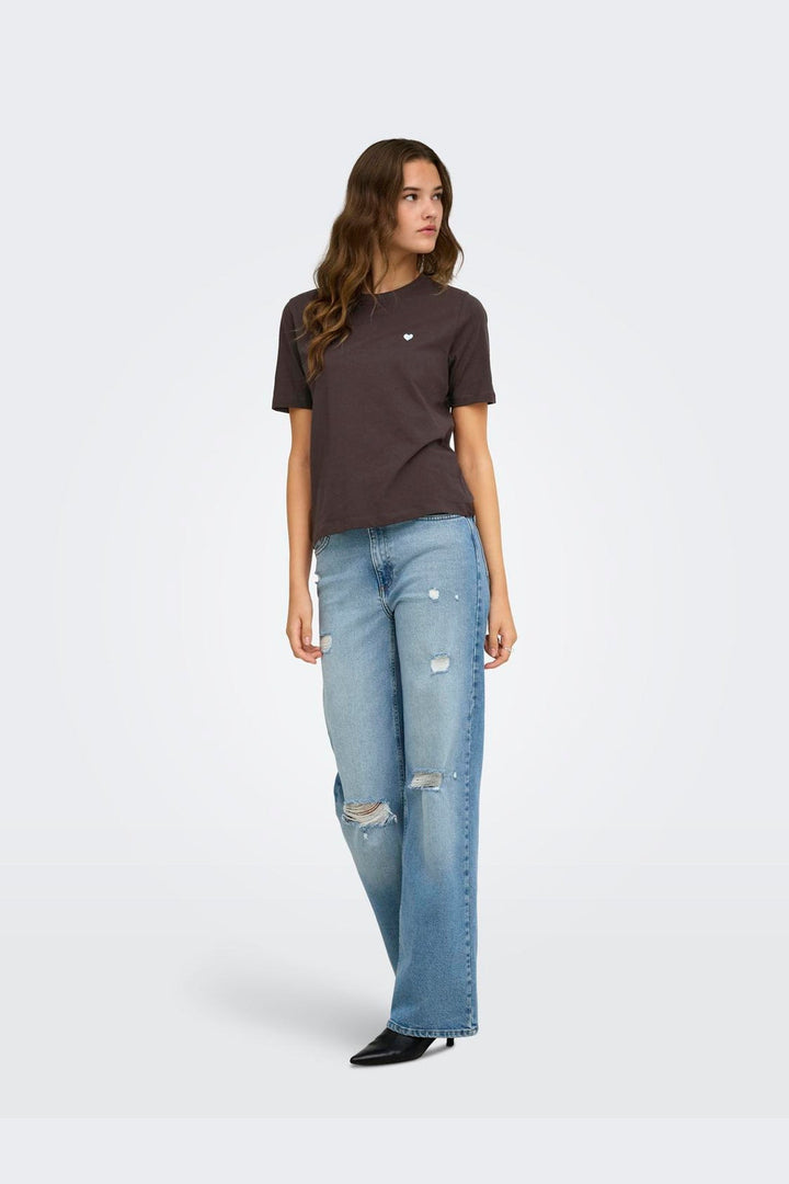 Only - Onlhappy S/S Emb Top - 5204457 Coffee Bean Chambray Heart
