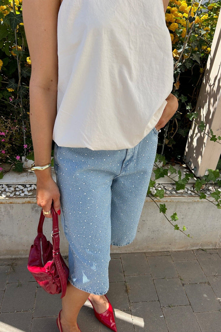 Forudbestilling - Pieces - Pcnoel Denim Jorts Pp - 4936543 Light Blue Denim Rhine Stones Shorts 