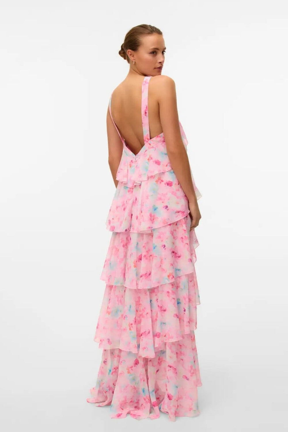 Forudbestilling - Vero Moda - Vmfelicia Sl Ruffle Maxi Dress - 4783971 Pink Tulle Flower Aop