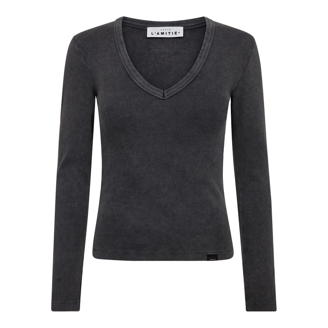 Haute L'Amitié - Deep V Ls Rib Acid Tee HL10892 - Black Acid Wash T-shirts 