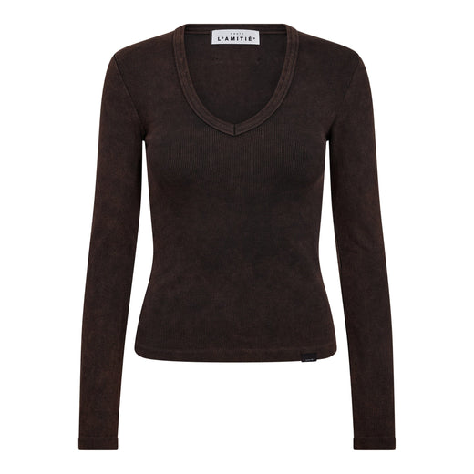 Haute L'Amitié - Deep V Ls Rib Acid Tee HL10892 - Mocca Acid Wash T-shirts 