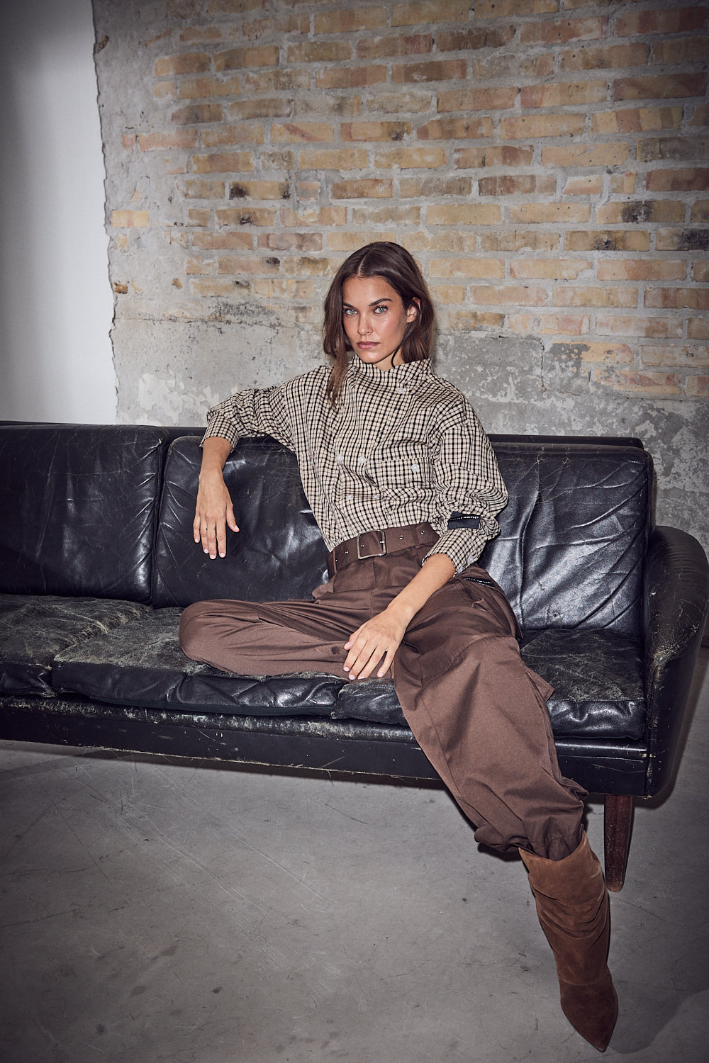 Haute L'Amitié - High Collar Check Shirt HL10839 - Beige