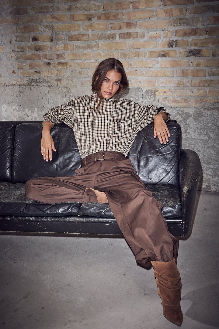 Haute L'Amitié - High Collar Check Shirt HL10839 - Beige