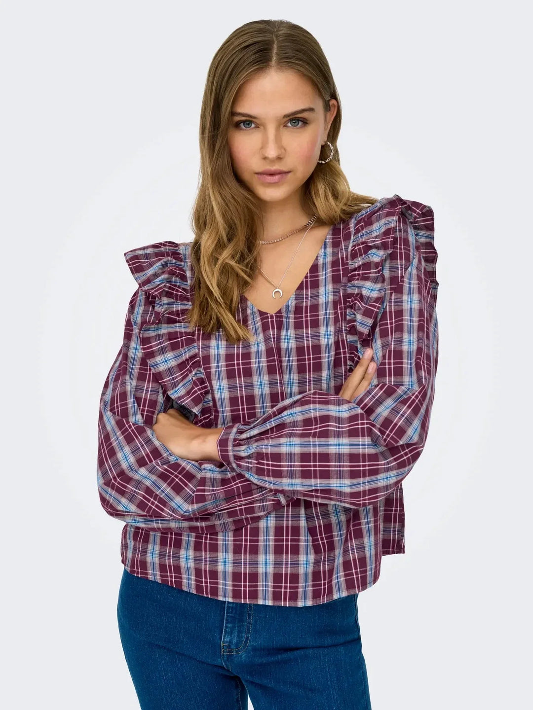 JDY - Jdydolly L/S Check Top - 4933633 Fig Black & Total Eclipse Bluser 