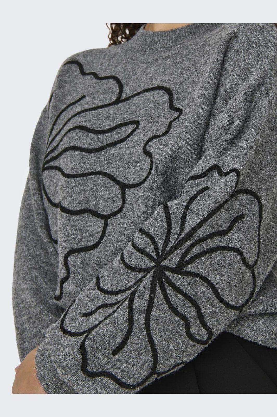 JDY - Jdyjella L/S Flower Pullover Knt - 4769595 Dark Grey Melange