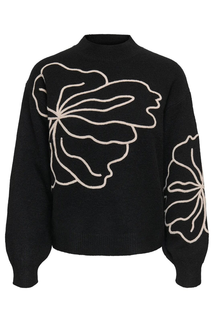 JDY - Jdyjella L/S Flower Pullover Knt - 4907427 Black W. Cement Strikbluser 