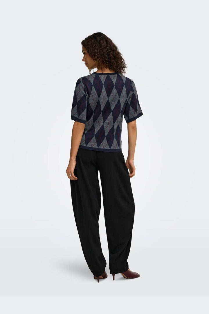 JDY - Jdymaggy S/S Argyle Pullover Knt - 5228787 Smoked Pearl Black Iris & Tibetan Red