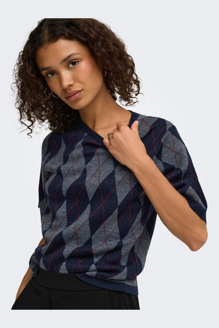 JDY - Jdymaggy S/S Argyle Pullover Knt - 5228787 Smoked Pearl Black Iris & Tibetan Red