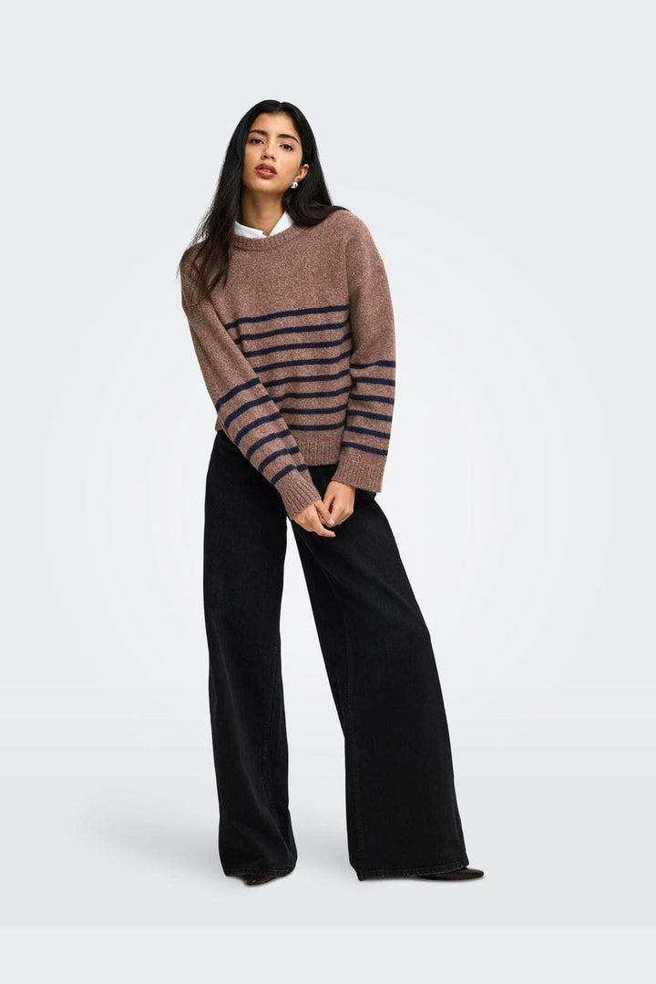 JDY - Jdyneel L/S O-Neck Stripe Pullover Knt - 5121138 Bison Black Iris Thin Stripes