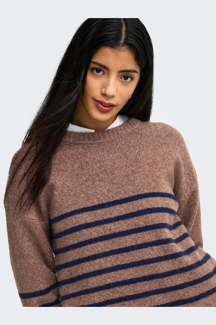 JDY - Jdyneel L/S O-Neck Stripe Pullover Knt - 5121138 Bison Black Iris Thin Stripes
