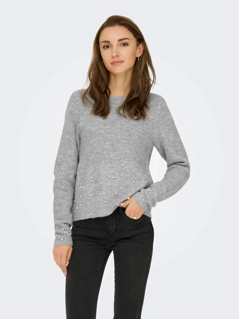 JDY - Jdypearl L/S O-Neck Pearl Pullover Knt - 4815065 Light Grey Melange White Pearls Strikbluser 