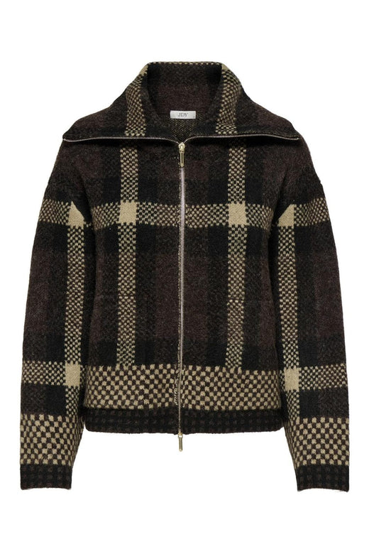 JDY - Jdyphoenix L/S 2 Way Zip Jacq Cardi Knt - 4876150 Chocolate Torte W. Black/Birch Jacquard