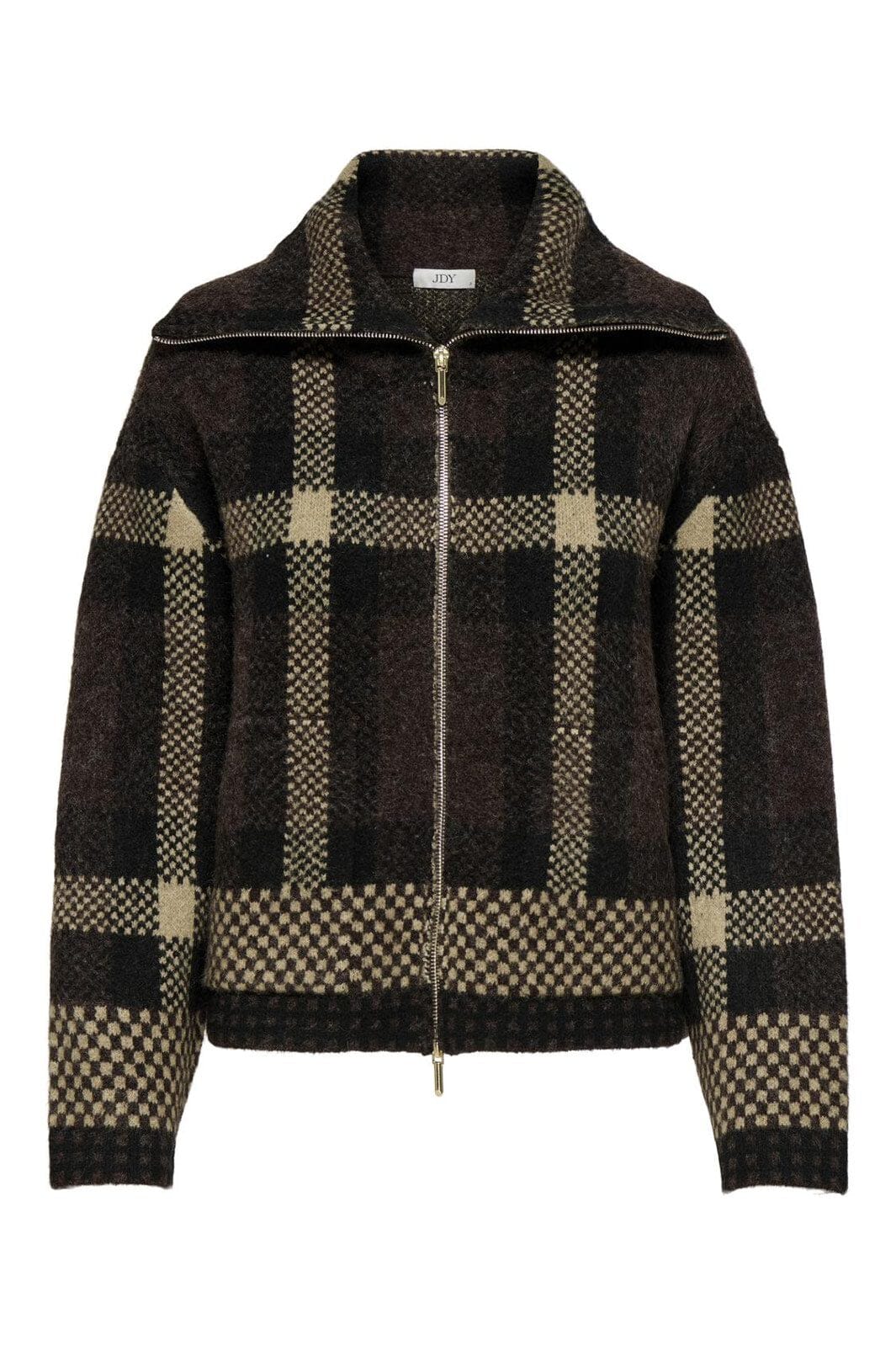 JDY - Jdyphoenix L/S 2 Way Zip Jacq Cardi Knt - 4876150 Chocolate Torte W. Black/Birch Jacquard