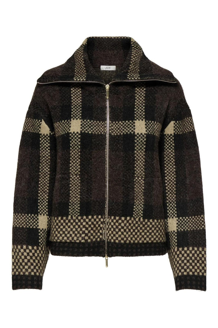 JDY - Jdyphoenix L/S 2 Way Zip Jacq Cardi Knt - 4876150 Chocolate Torte W. Black/Birch Jacquard