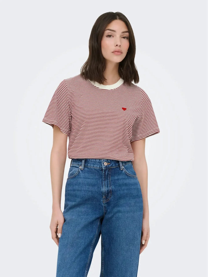 JDY - Jdypisa S/S Print Top - 4984885 Cloud Dancer Rhubarb Stripes And Bs Heart T-shirts 