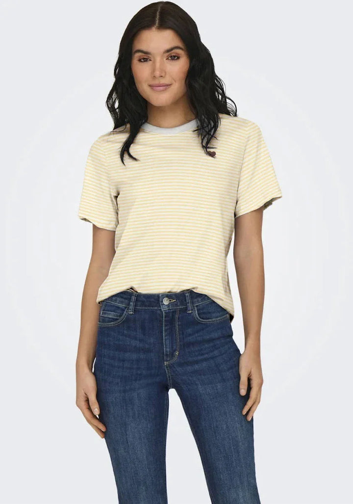 JDY - Jdypisa S/S Print Top - 5048773 Cloud Dancer Double Cream Stripes + Chicory Coffee Heart T-shirts 