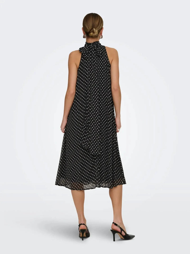 JDY - Jdypolka S/L Halterneck Midi Dress - 5018897 Black White Polka Dot Kjoler 