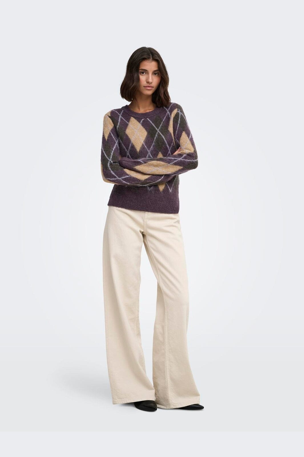 JDY - Jdyreese L/S O-Neck Argyle Pullover Knt - 5140650 Plum Perfect W. Chocolate Torte/Toasted Coconut/Lavender Gray Argyle