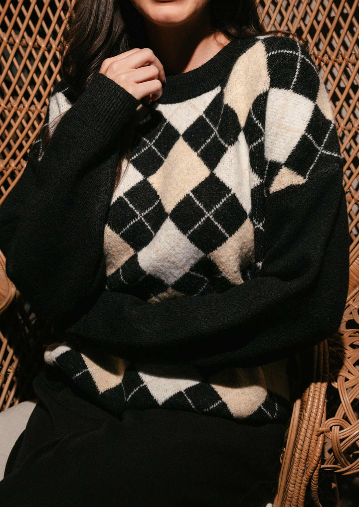 Liberte - Harly Oneck Pullover 22477 - Black Creme Check Strikbluser 