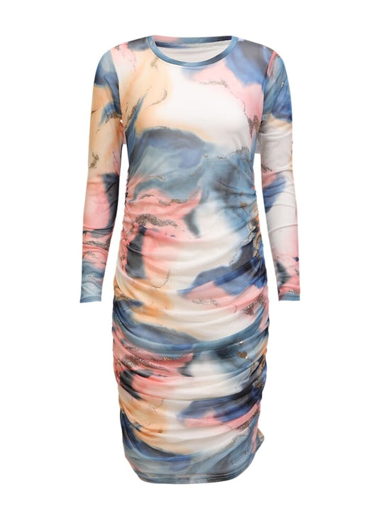 Liberte - Mesh Ls Long Dress 22219 - Blue Peach Gold Marble Kjoler 