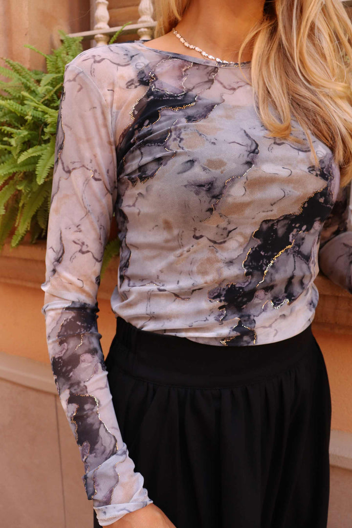 Liberte - Mesh Ls Tshirt 22065 - Black Grey Marble Bluser 