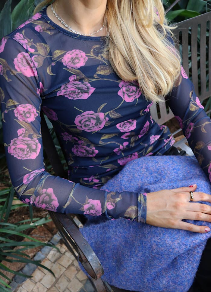 Liberte - Mesh Ls Tshirt 22065 - Navy Pink Rose T-shirts 