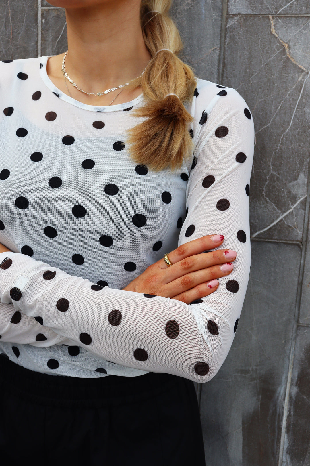 Liberte - Mesh Ls Tshirt 22065 - White Black Big Dot T-shirts 