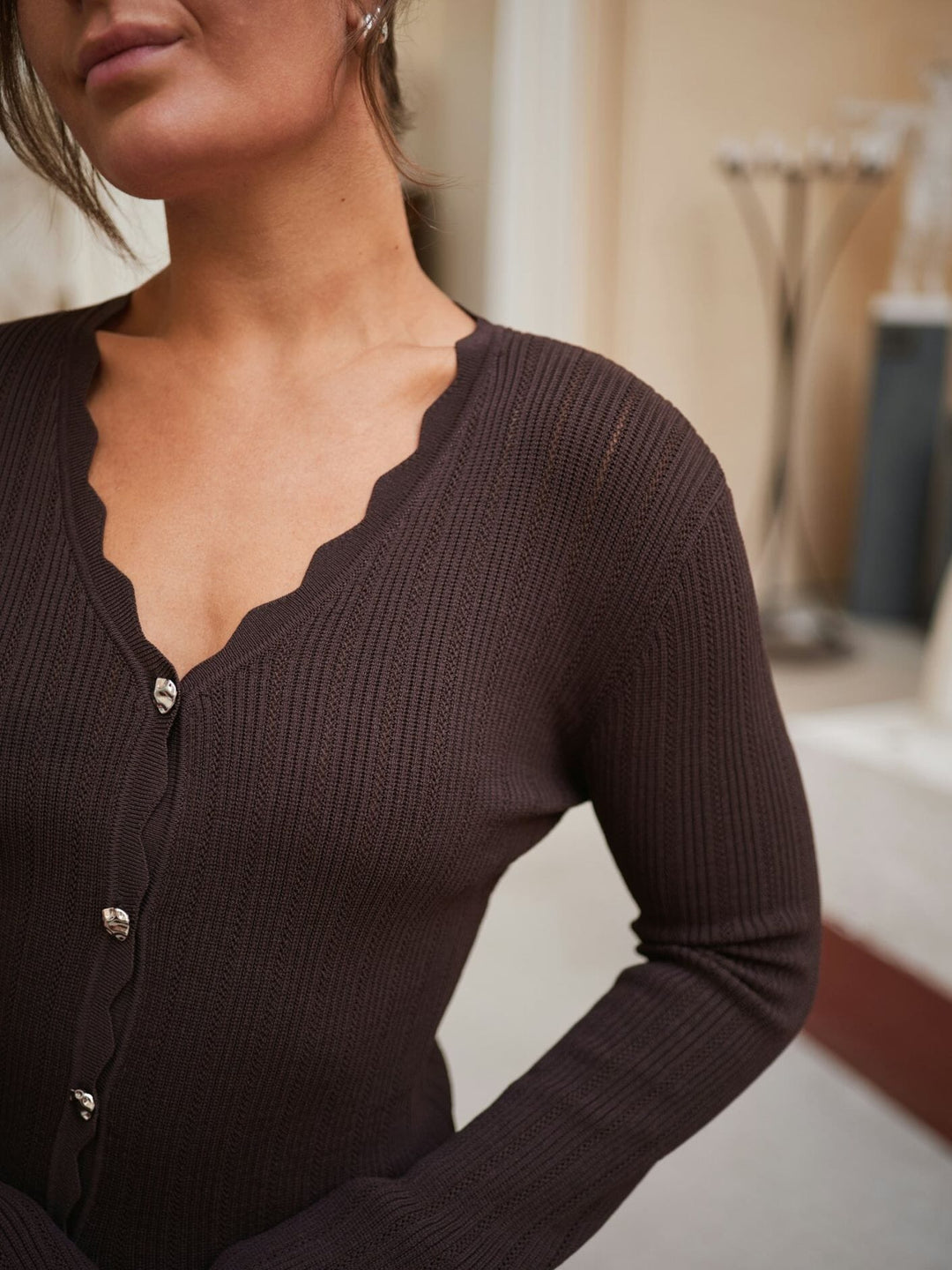 Neo Noir - Clara Stitch Knit Blouse 164484 - 676 - Dark Brown Bluser 