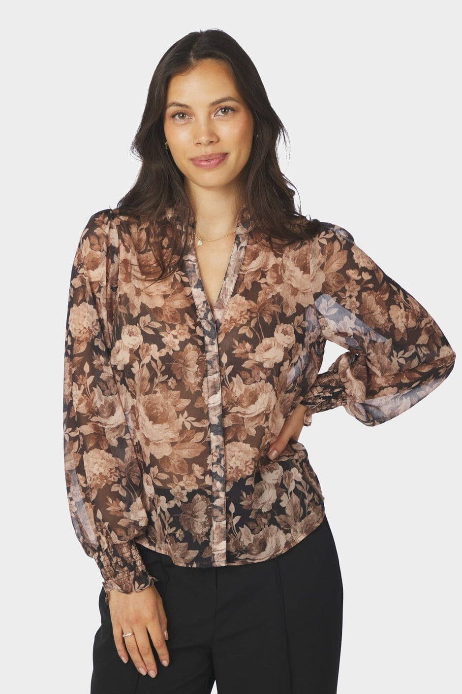 Neo Noir - Delsie Vintage Flower Shirt 170947 - 372 - Black Sand