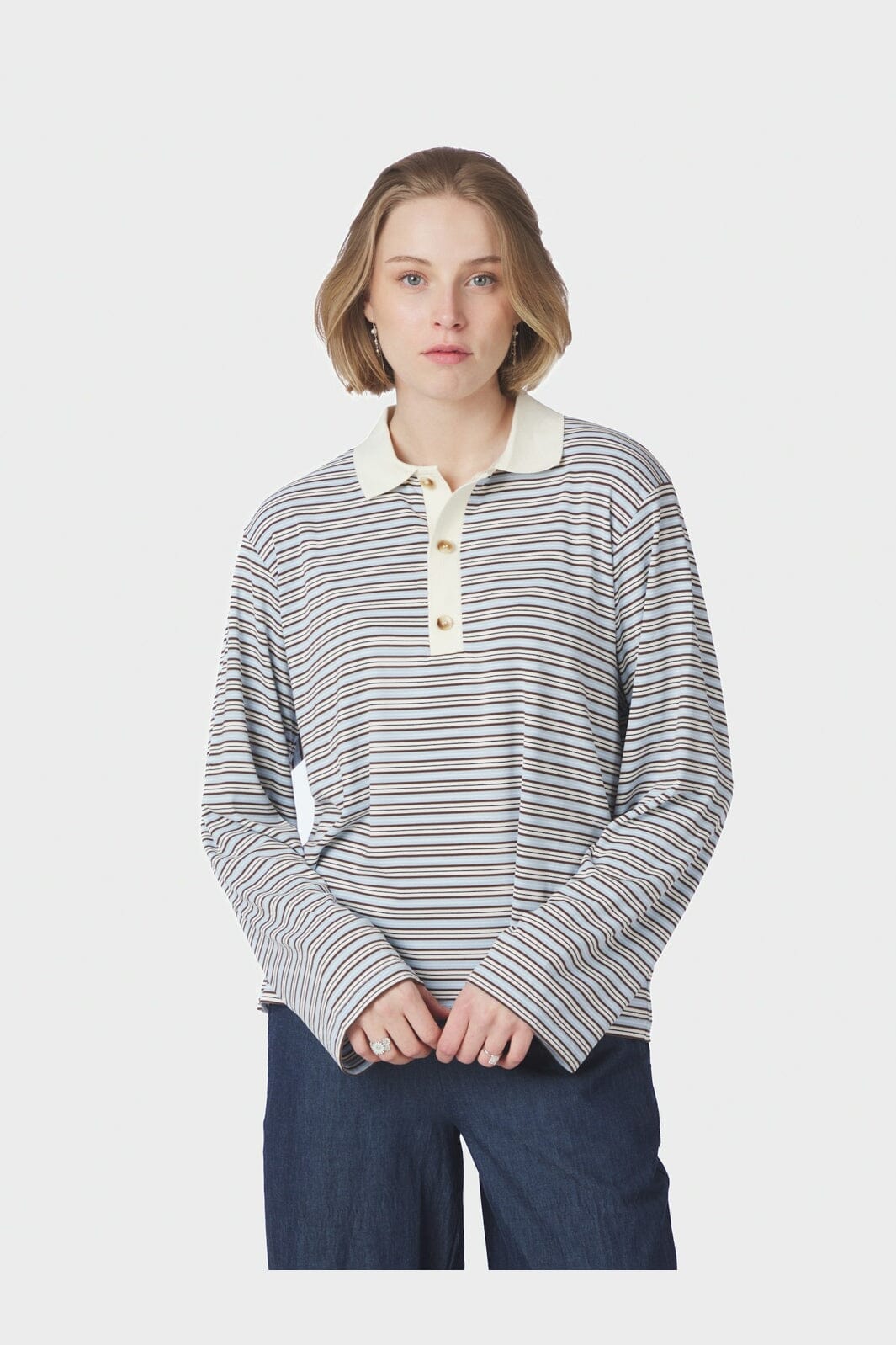 Neo Noir - Lirenne Striped Polo Blouse 169606 - 145 - Light Blue