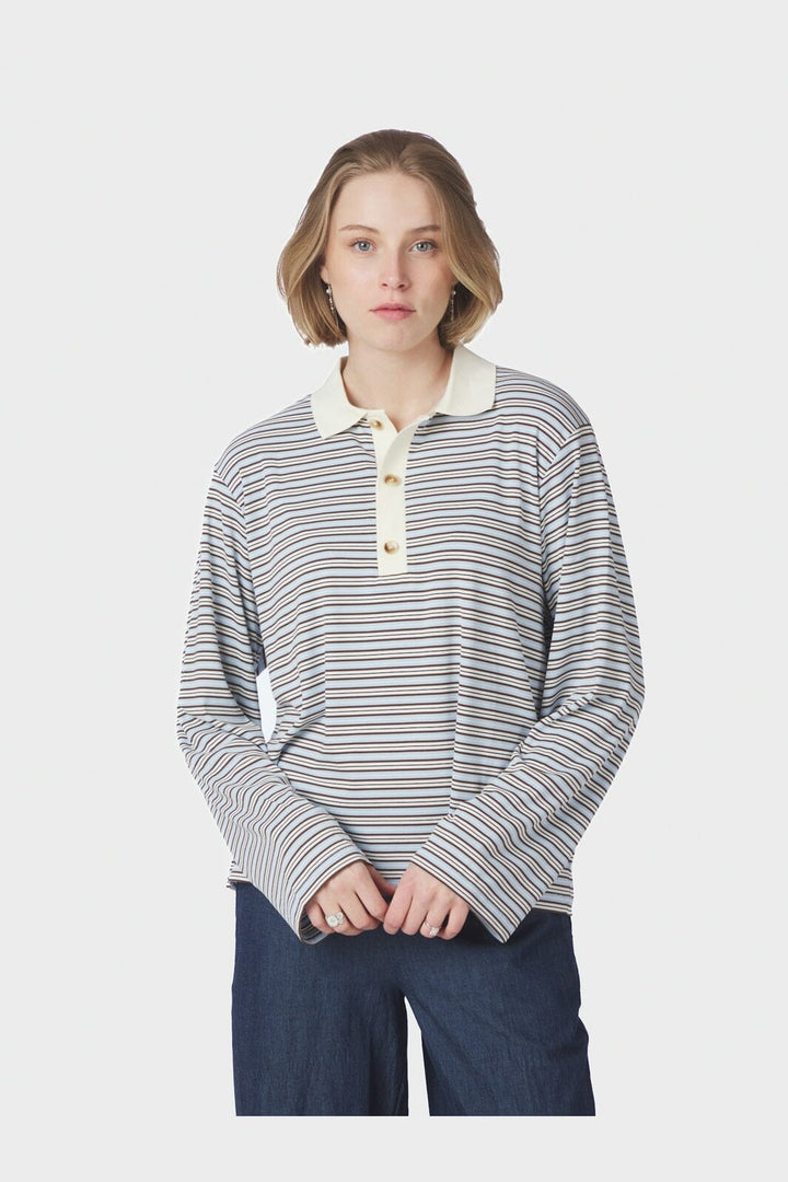 Neo Noir - Lirenne Striped Polo Blouse 169606 - 145 - Light Blue