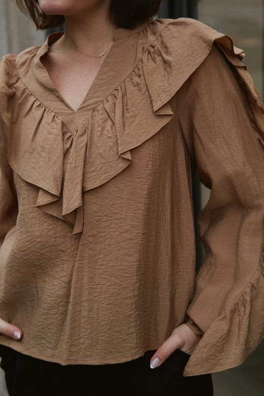 Neo Noir - Nula Flounce Crisp Blouse 167525 - 125 - Dark Sand Bluser 