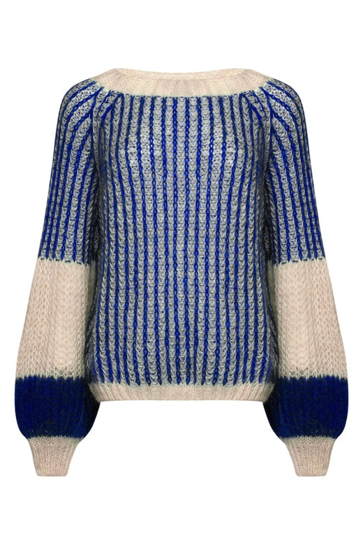 Noella - Liana Knit Sweater - Cream/Cobalt Blue Strikbluser 