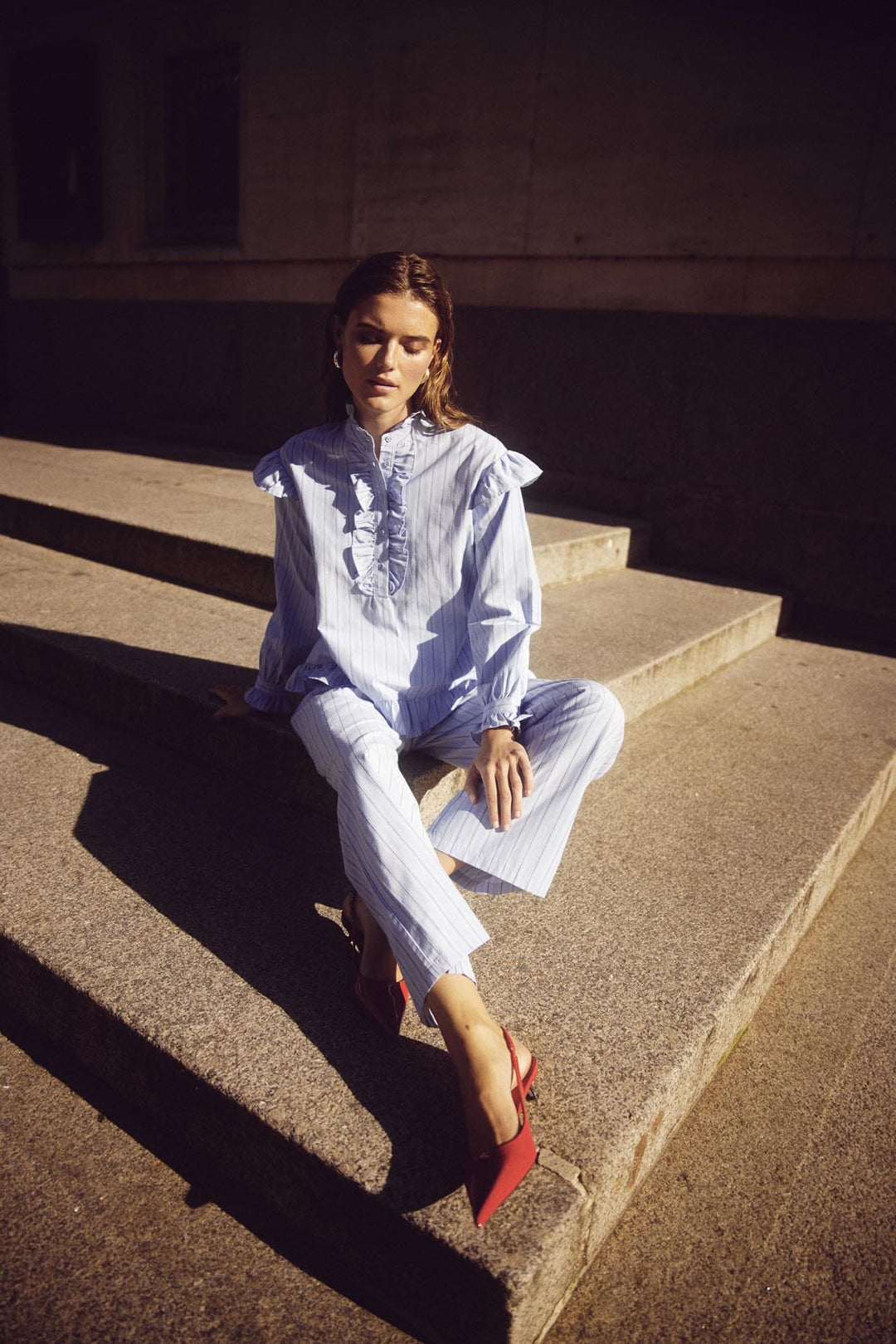Noella - Sally Blouse - Light Blue Stripe Bluser 