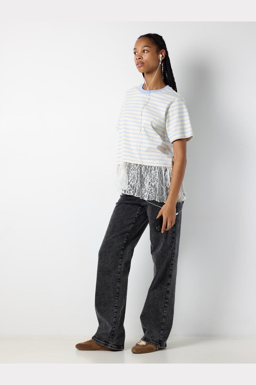 Noisy May - Nmember Ss Stripe Lace Top - 5191155 Birch Cashmere Blue