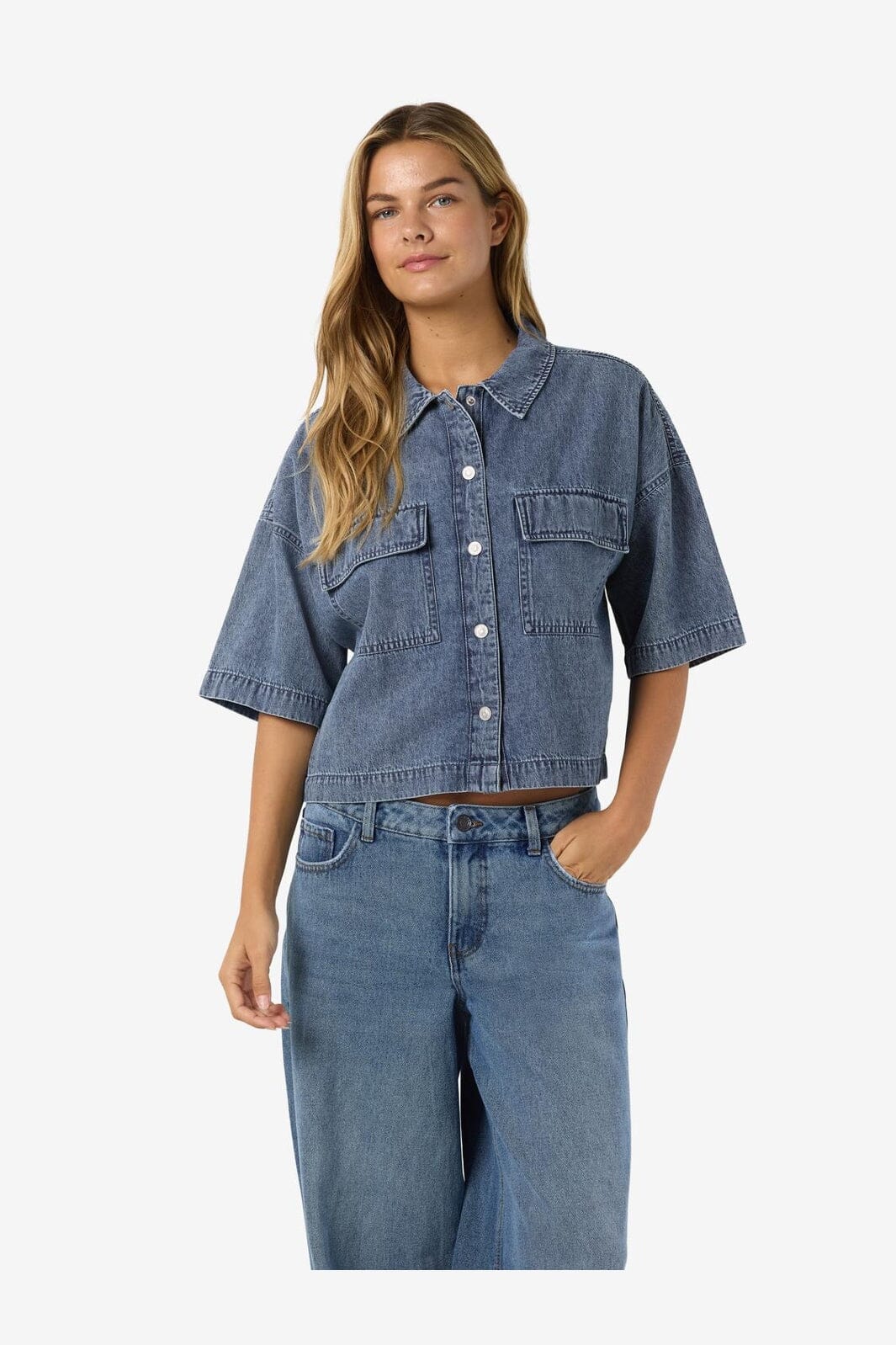 Noisy May - Nmenza S/S Reg Crop Shirt Mg004Mb - 4919938 Medium Blue Denim