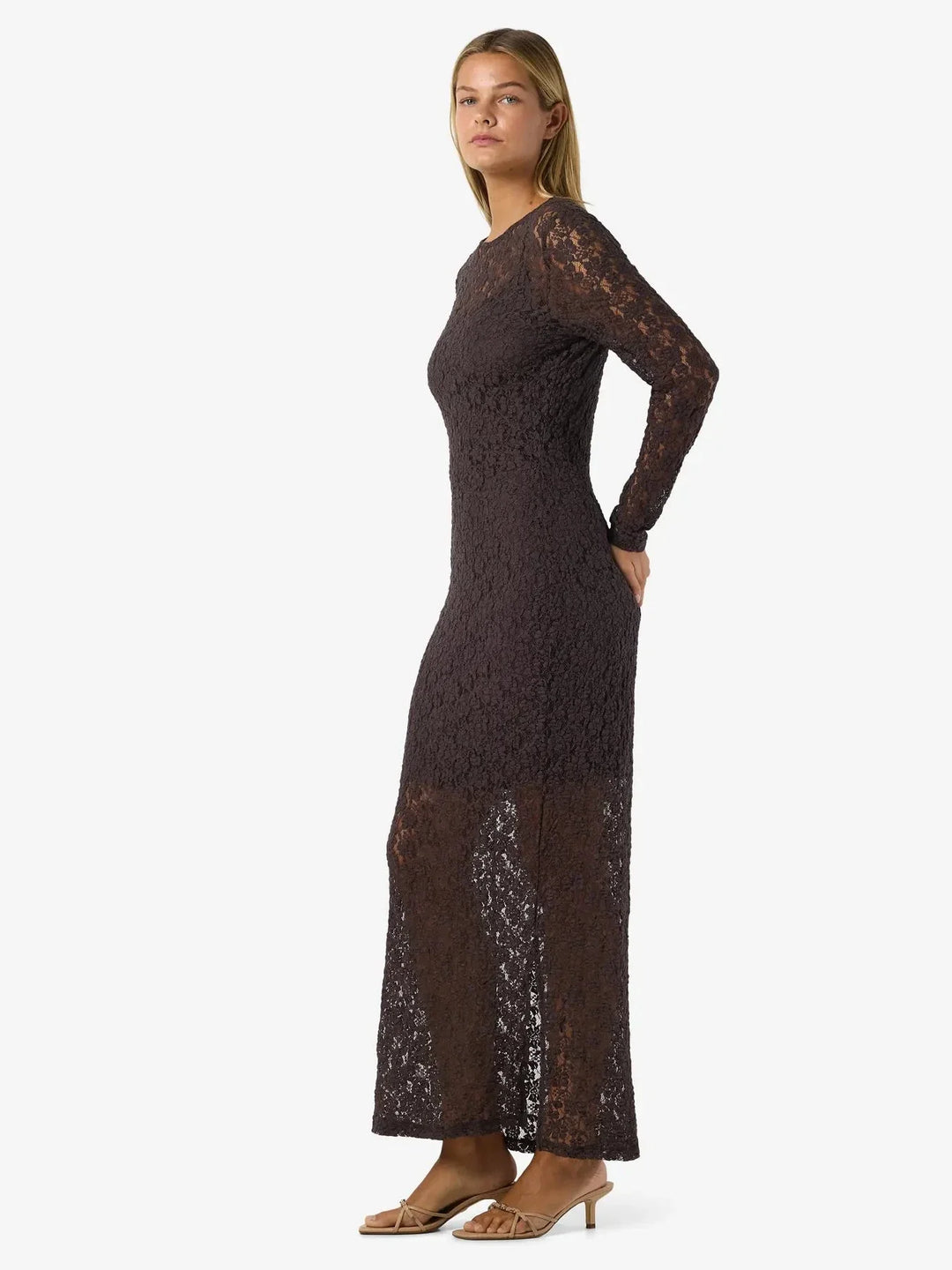 Noisy May - Nmmiriam L/S Maxi Lace Dress - 5064757 Chocolate Brown Kjoler 