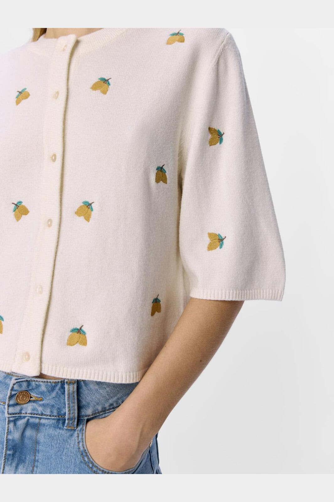 Object - Objthess 3/4 Sleeve Cardigan - 4782493 Cloud Dancer Lemon Embroidery