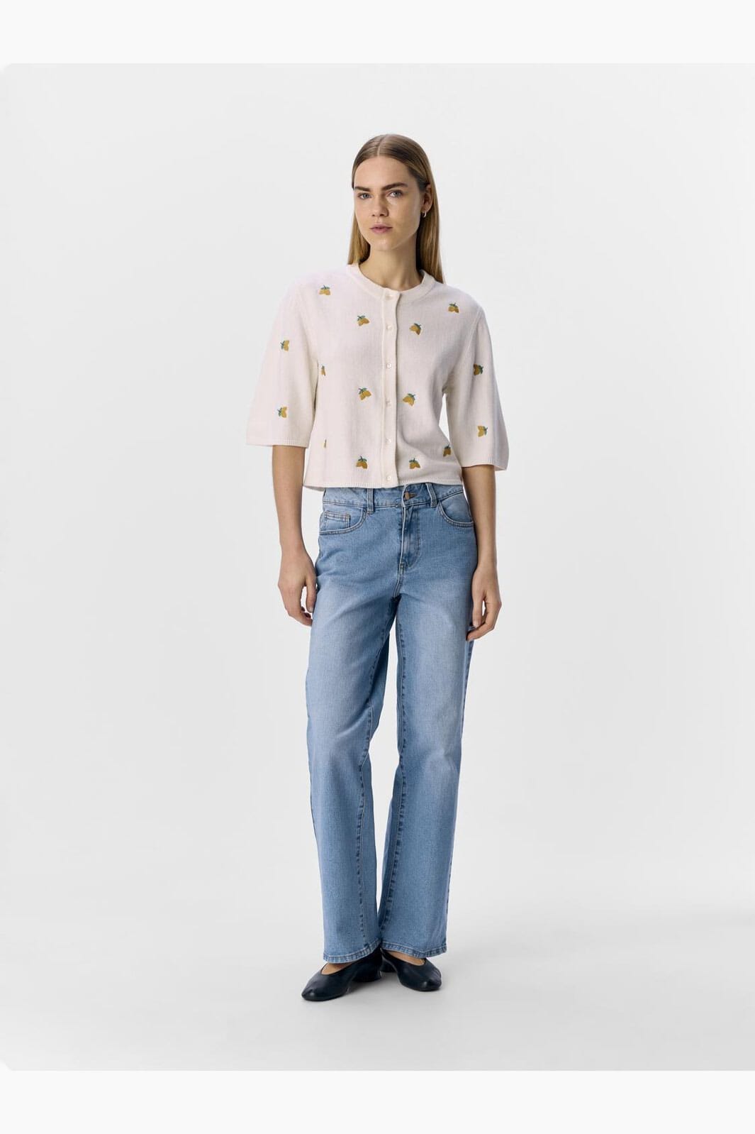 Object - Objthess 3/4 Sleeve Cardigan - 4782493 Cloud Dancer Lemon Embroidery