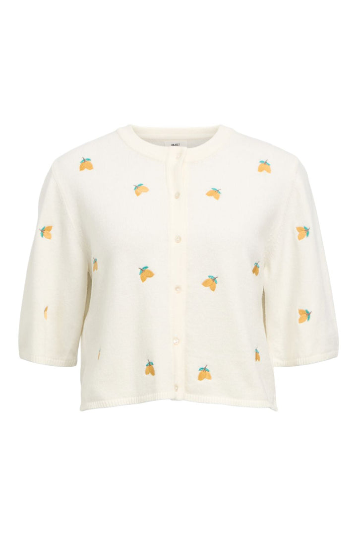 Object - Objthess 3/4 Sleeve Cardigan - 4782493 Cloud Dancer Lemon Embroidery