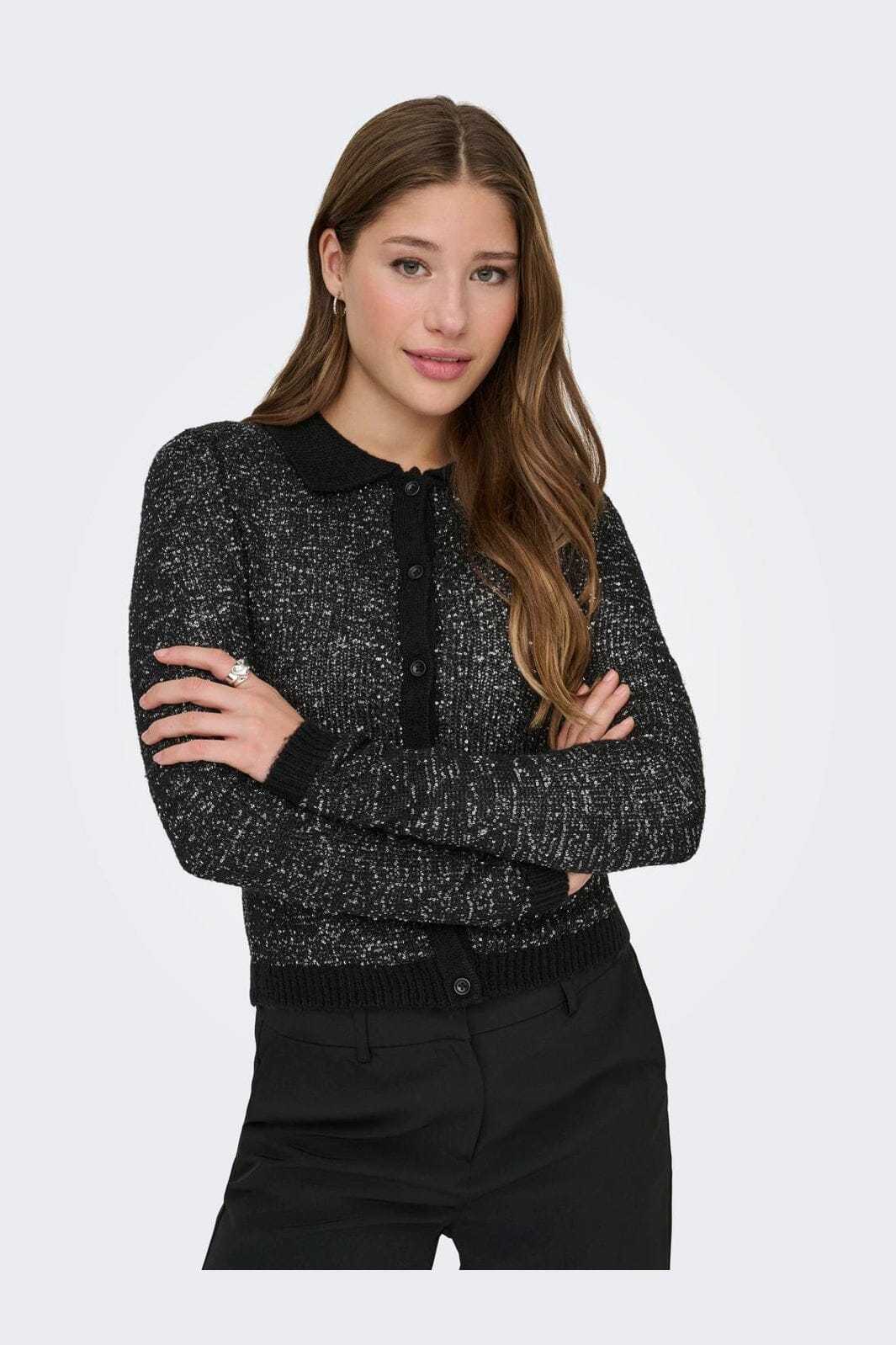 Only - Onlabby Ls Polo Sequins Cardigan Knt - 4958262 Black Silver Sequins