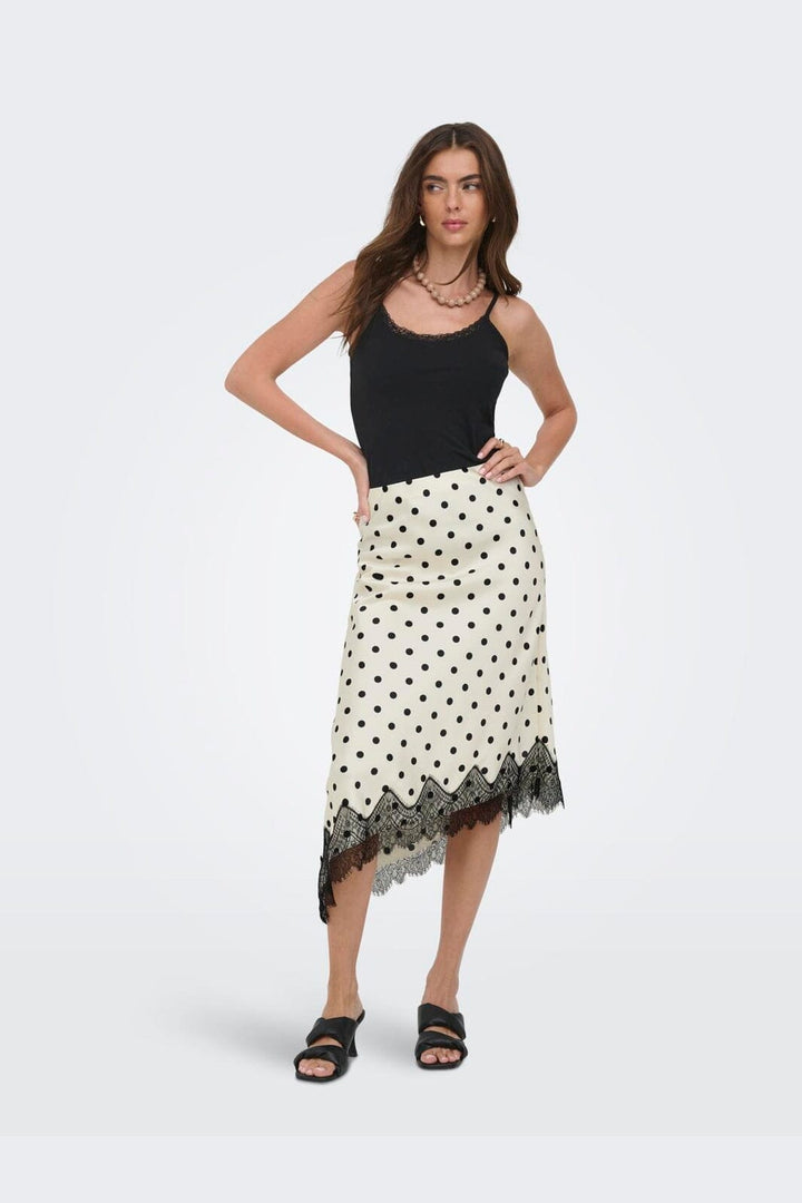 Only - Onlbella Slanted Satin Lace Skirt - 5127226 Cloud Dancer Black Dot And Black Lace