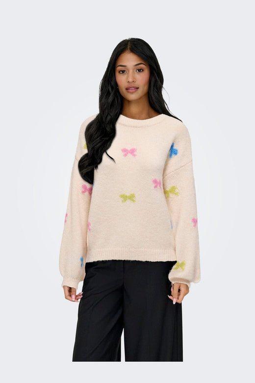Only - Onlbrunhilda Life Ls Bow O-Neck Knt - 4947227 Baby'S Breath Camp G/Wild R/Campa/Mel/Mini Bow