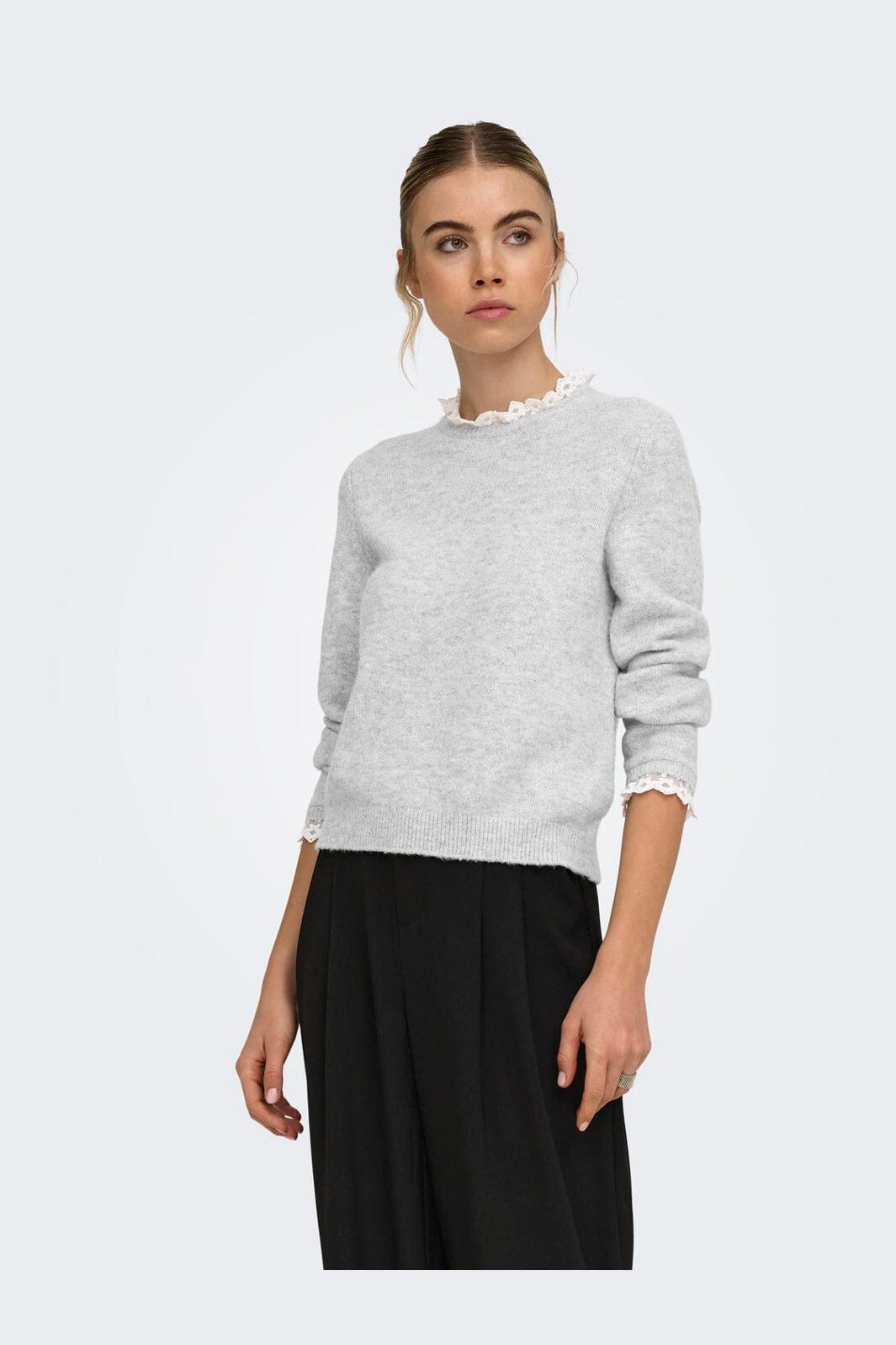 Only - Onlcher Ls Detail O-Neck Knt - 5062095 Light Grey Melange Cloud Dancer Lace