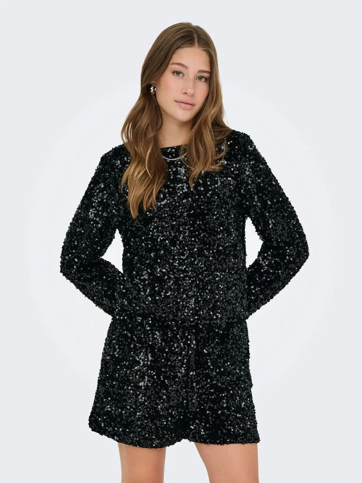 Only - Onlconfidence L/S Sequin Bow Top - 4877639 Black Black Sequins+Black Bow Bluser 