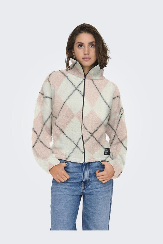 Only - Onleline Life L/S Zip Teddy Swt - 4925874 Rose Smoke Cloud Dancer + Black + Label Brooklyn