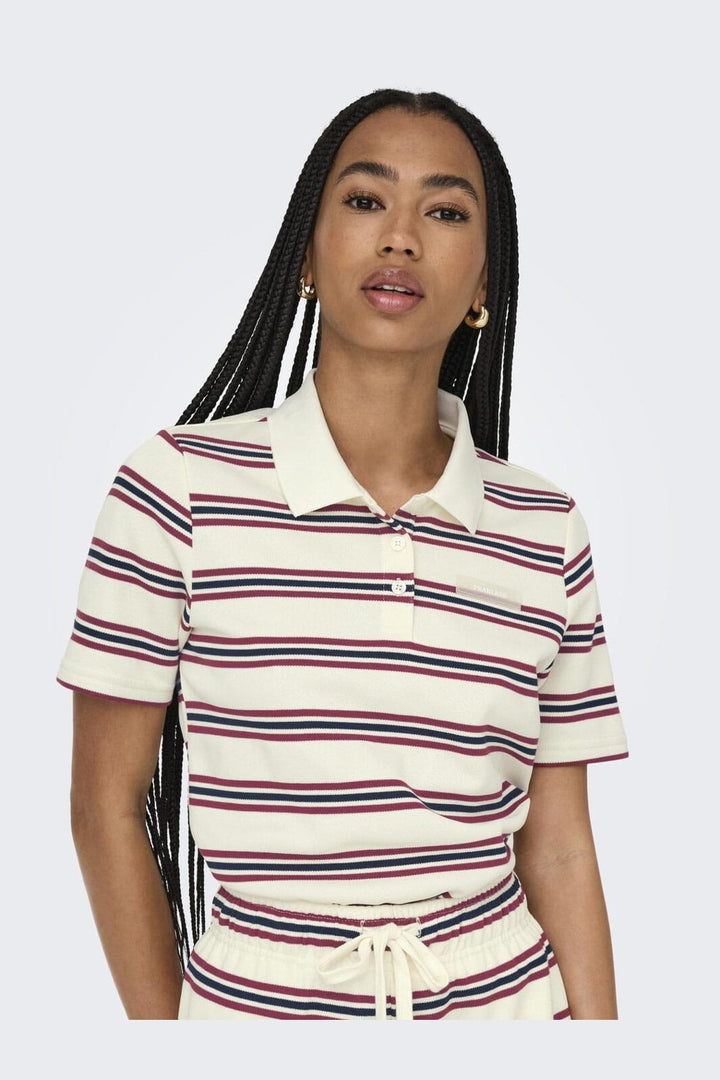 Only - Onlevie S/S Polo Top - 4793100 Antique White Navy Blazer+Ruby Wine