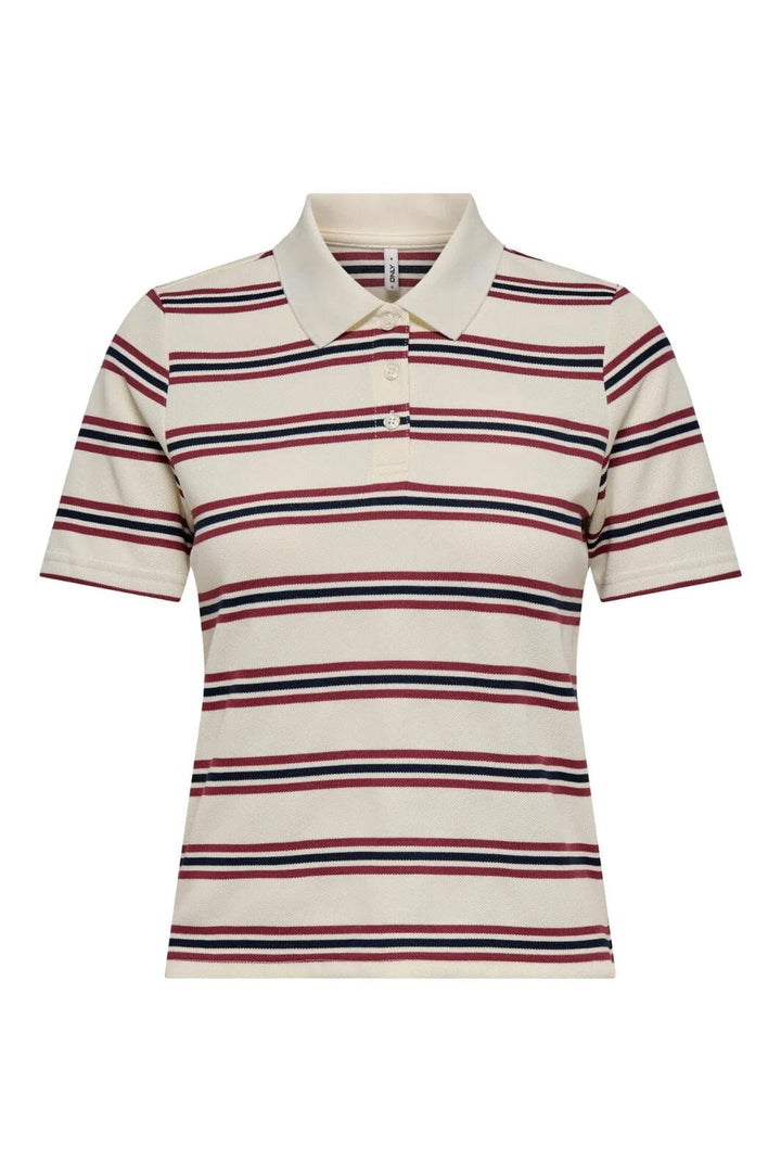 Only - Onlevie S/S Polo Top - 4838509 Antique White Navy Blazer + Ruby Wine (Without Tag)