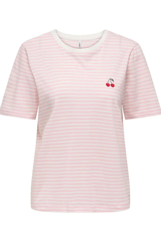 Only - Onlhappy Life S/S Emb Top - 5030048 Cloud Dancer Romance Rose + Cherry T-shirts 