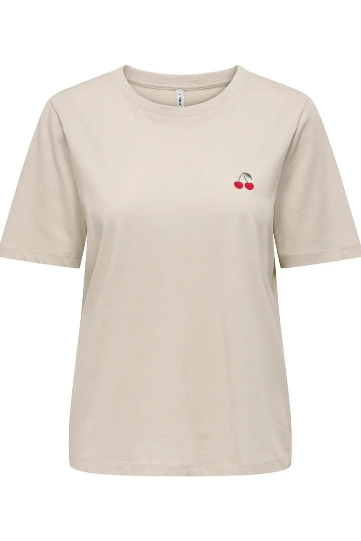Only - Onlhappy Life S/S Emb Top - 5030076 Oatmeal Cherry Emb T-shirts 
